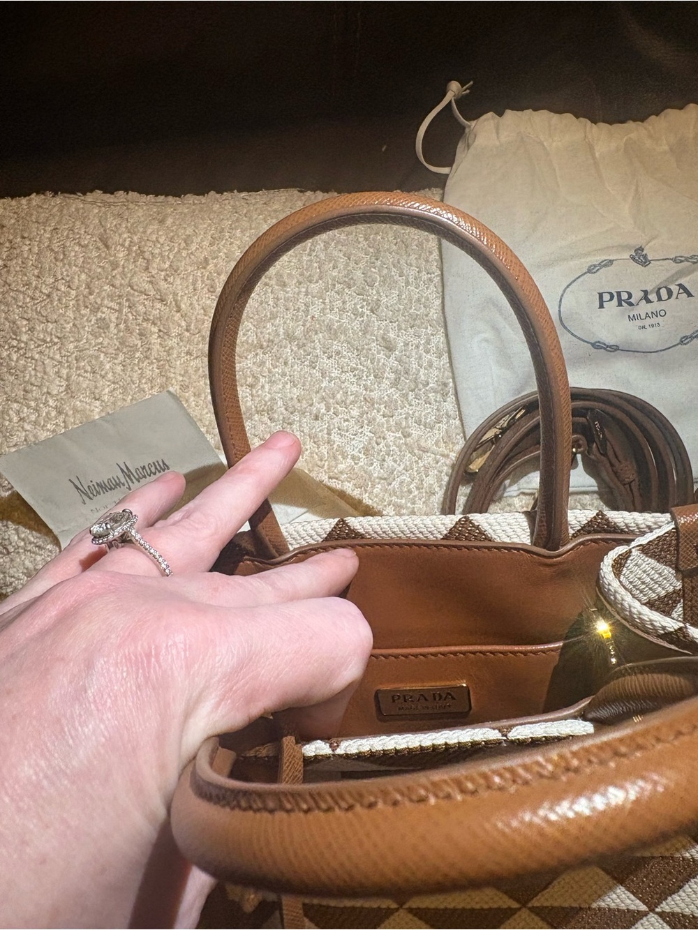 Prada Brown & White Geometric Canvas Satchel with Leather Trim - Picture 5 of 5
